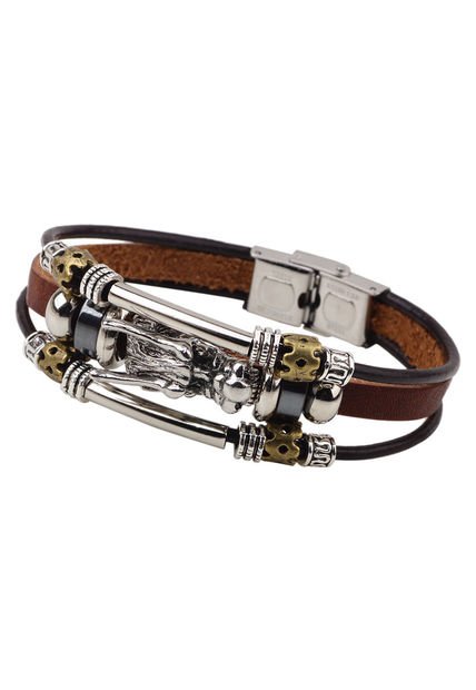 Manilla Cuero Hombre Acero Cabeza De Dragon Color Marron