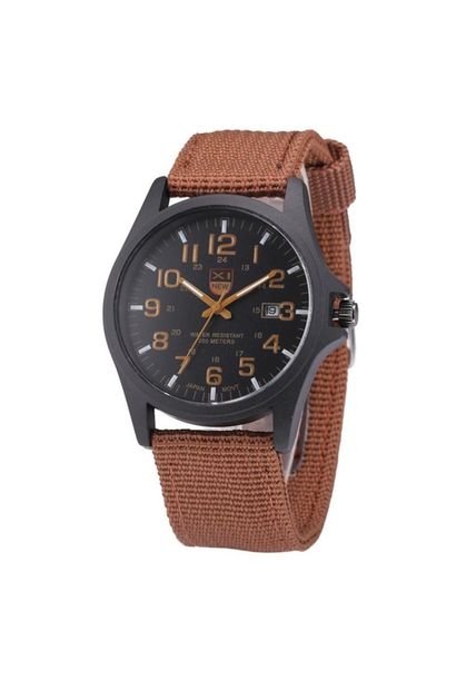 Reloj Analogo Militar Acero Manilla Algodon Color Cafe