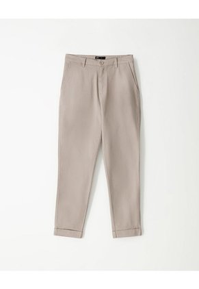 Pantalón Recto Tiro Medio Algodón Taupe Mujer Marron