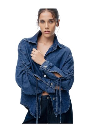 Camisa Oversize Manga Larga índigo Medio Mujer Azul Oscuro