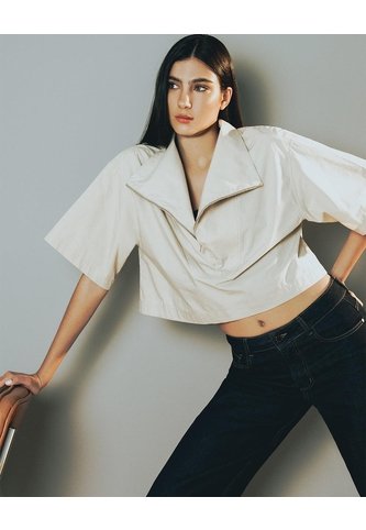Camisa Oversize Manga Corta Cuello Alto Caqui Mujer Beige Gef