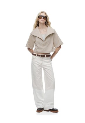 Camisa Oversize Manga Corta Cuello Alto Caqui Mujer Beige