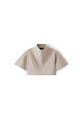 Camisa Oversize Manga Corta Cuello Alto Caqui Mujer Beige