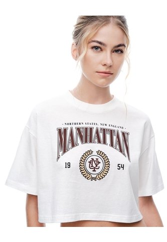 Camiseta Crop Regular Algodón Cruda Estampada Mujer Beige Gef