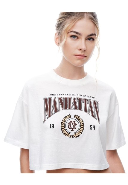 Camiseta Crop Regular Algodón Cruda Estampada Mujer Beige
