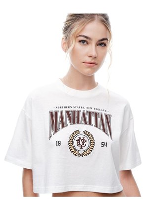 Camiseta Crop Regular Algodón Cruda Estampada Mujer Beige