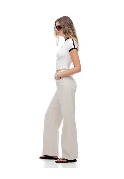 Jean Wide Leg Tiro Alto Cinco Bolsillos Arena Mujer Beige