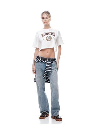 Camiseta Crop Regular Algodón Cruda Estampada Mujer Beige