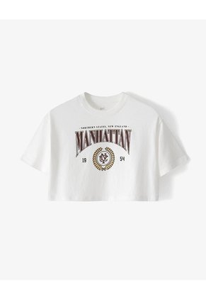 Camiseta Crop Regular Algodón Cruda Estampada Mujer Beige