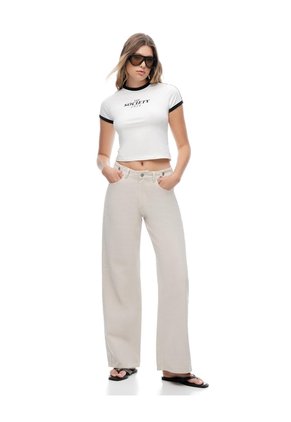 Jean Wide Leg Tiro Alto Cinco Bolsillos Arena Mujer Beige