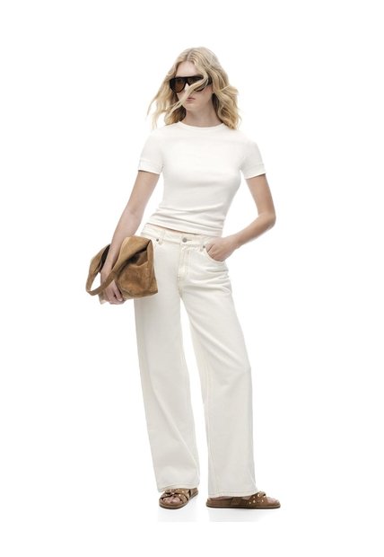 Jean Straight Tiro Medio Crudo Mujer Beige