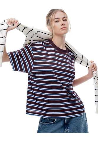 Camiseta Relaxed Manga Corta Vinotinto Rayas Mujer Violeta Gef