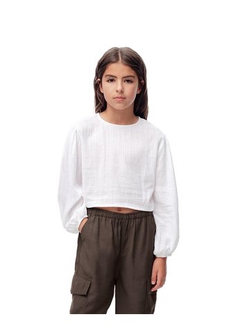 Blusa Crop Manga Larga Algodón Blanca Niña Blanco Gef
