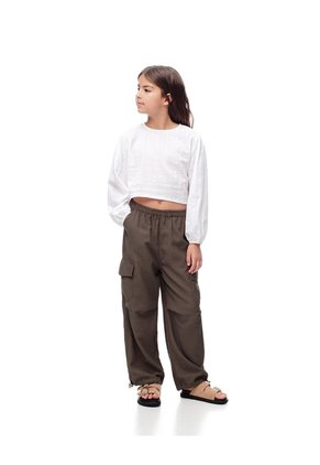 Blusa Crop Manga Larga Algodón Blanca Niña Blanco