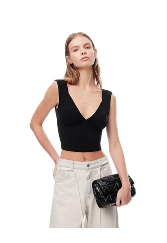 Crop Top Slim Algodón Negra Mujer Negro Gef