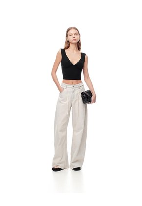 Crop Top Slim Algodón Negra Mujer Negro