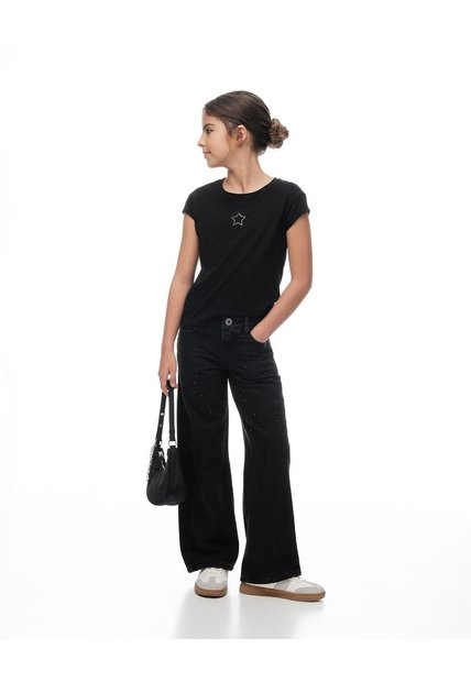 Jean Wide Leg Tiro Medio Brillos Negro Niña Azul
