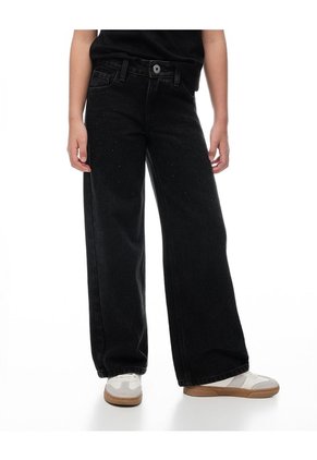Jean Wide Leg Tiro Medio Brillos Negro Niña Azul