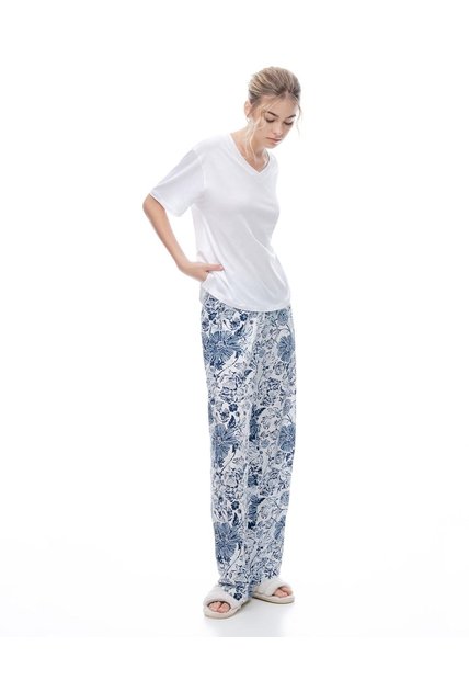 Pantalón Relaxed Tiro Medio Azul Estampado Mujer Azul