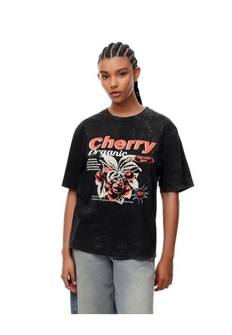 Camiseta Regular Algodón Negra Estampada Mujer Negro Gef