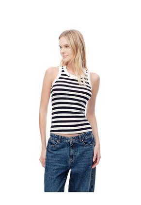 Camiseta Esqueleto Slim Rib Algodón Rayas Mujer Blanco