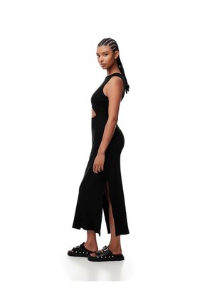 Vestido Midi Slim Rib Algodón Negro Mujer Negro