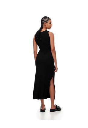 Vestido Midi Slim Rib Algodón Negro Mujer Negro