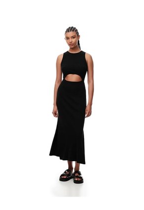 Vestido Midi Slim Rib Algodón Negro Mujer Negro