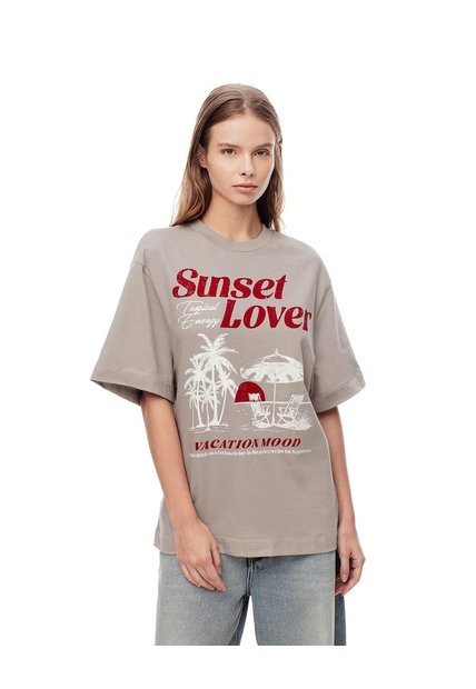 Camiseta Oversize Algodón Taupe Estampada Mujer Marron Claro