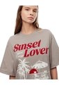 Camiseta Oversize Algodón Taupe Estampada Mujer Marron Claro de Gef