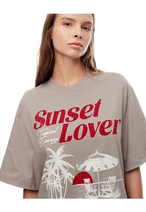 Camiseta Oversize Algodón Taupe Estampada Mujer Marron Claro