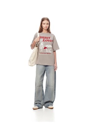 Camiseta Oversize Algodón Taupe Estampada Mujer Marron Claro