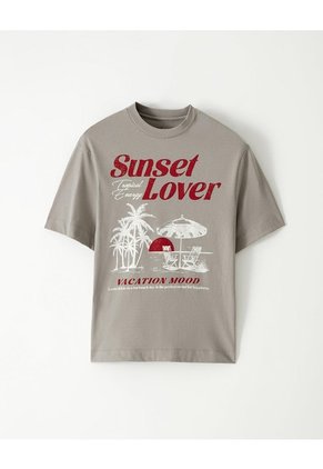 Camiseta Oversize Algodón Taupe Estampada Mujer Marron Claro