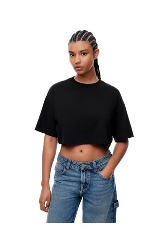 Camiseta Crop Regular Algodón Negra Mujer Negro Gef