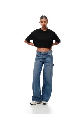 Camiseta Crop Regular Algodón Negra Mujer Negro