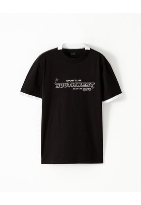 Camiseta Regular Algodón Negra Estampado Niño Negro