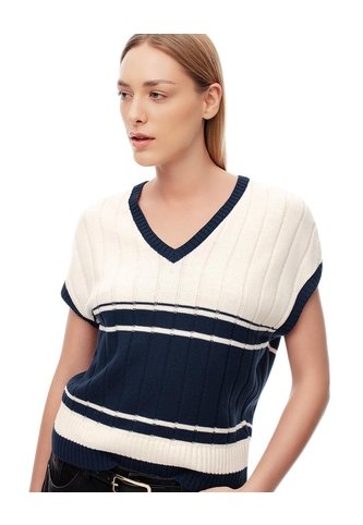Chaleco Tipo Preppy Tejido De Punto Crema Mujer Azul Gef