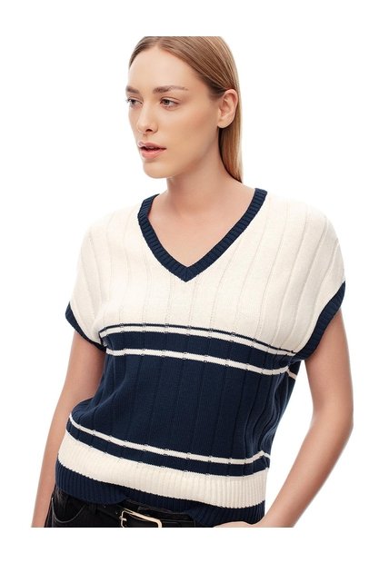 Chaleco Tipo Preppy Tejido De Punto Crema Mujer Azul
