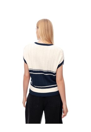Chaleco Tipo Preppy Tejido De Punto Crema Mujer Azul