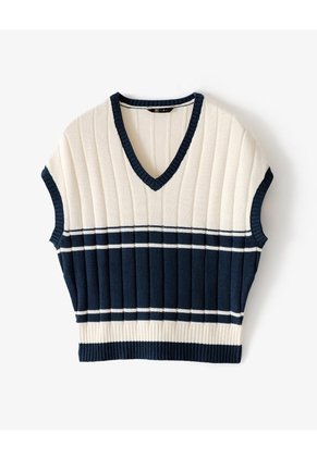Chaleco Tipo Preppy Tejido De Punto Crema Mujer Azul