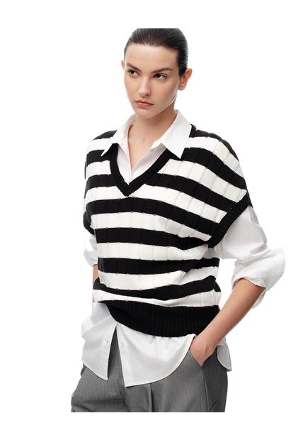 Chaleco Tipo Preppy Tejido De Punto Rayas Mujer Negro