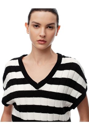 Chaleco Tipo Preppy Tejido De Punto Rayas Mujer Negro