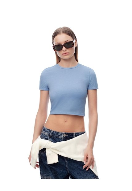 Camiseta Crop Slim Algodón Azul Mujer Azul