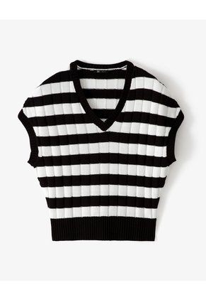 Chaleco Tipo Preppy Tejido De Punto Rayas Mujer Negro