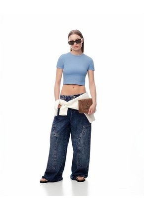 Camiseta Crop Slim Algodón Azul Mujer Azul