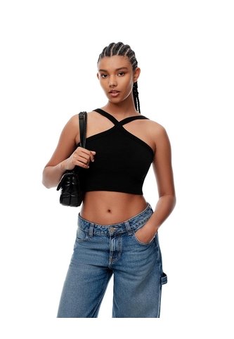 Crop Top Slim Rib Algodón Negra Mujer Negro Gef