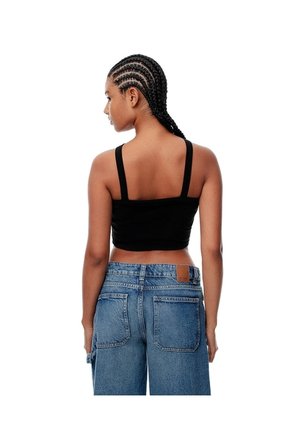 Crop Top Slim Rib Algodón Negra Mujer Negro