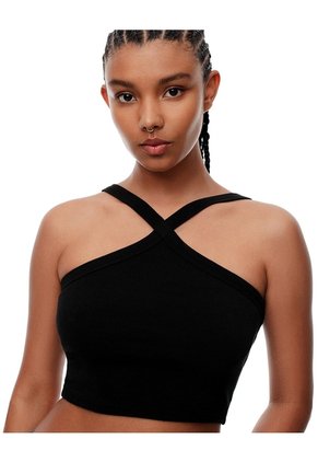 Crop Top Slim Rib Algodón Negra Mujer Negro