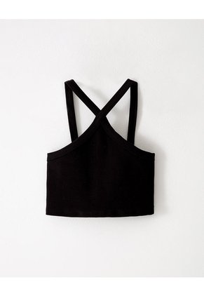 Crop Top Slim Rib Algodón Negra Mujer Negro