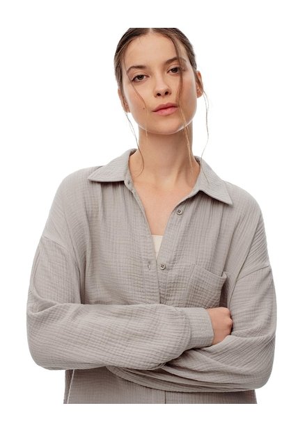 Camisa Relax Manga Larga Algodón Taupe Mujer Marron Claro